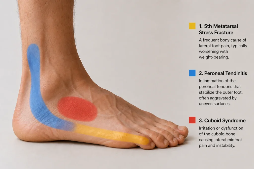Photorealistic lateral view of the foot showing the most common causes of lateral foot pain with color-coded pain areas, including 5th metatarsal stress fracture, peroneal tendinitis, and cuboid syndrome.