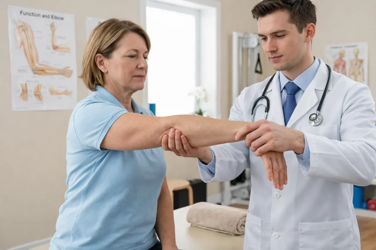 Mill’s test for lateral epicondylitis showing passive wrist flexion and forearm pronation to stretch the common extensor tendon