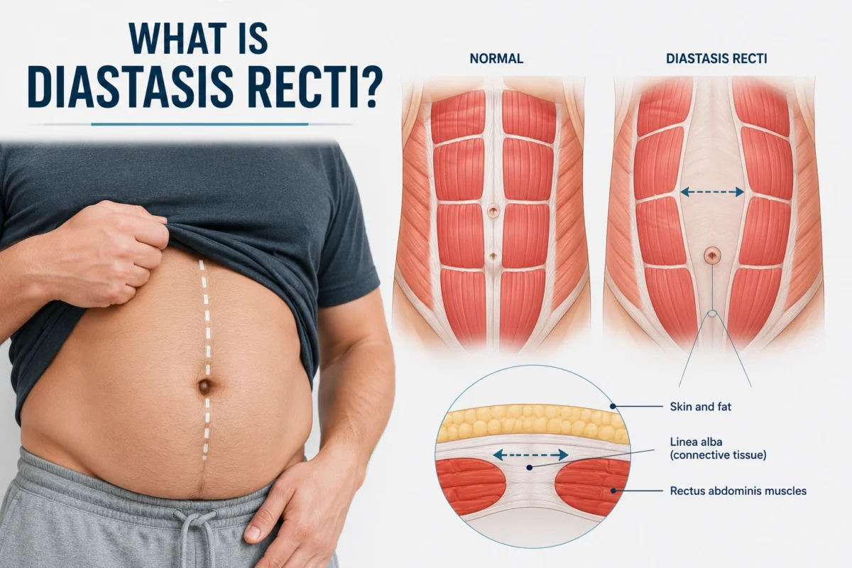 What is diastasis recti? Medical infographic illustrating separation of the rectus abdominis muscles, widening of the linea alba, and comparison between normal and diastasis recti anatomy.