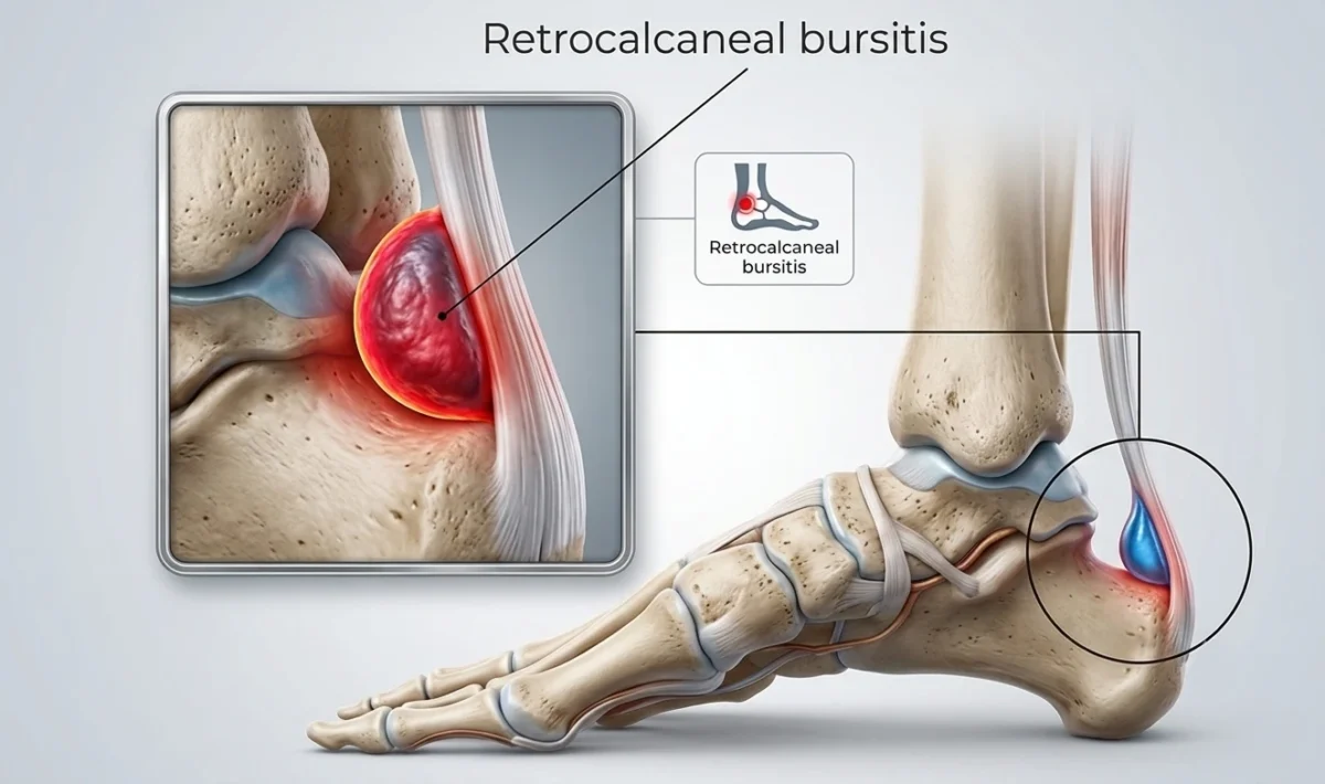 Illustration of the heel anatomy highlighting the retrocalcaneal bursa between the Achilles tendon and the heel bone, showing the location affected by retrocalcaneal bursitis.