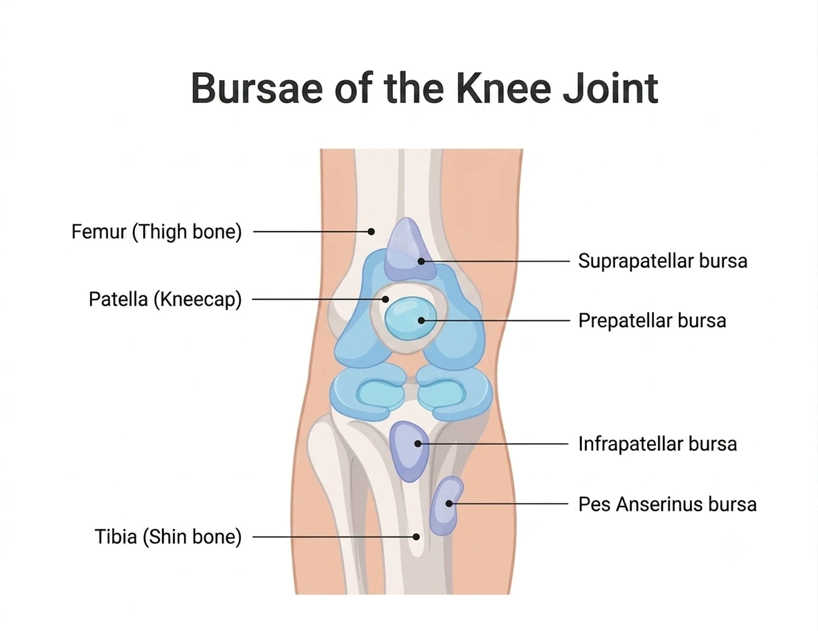 Illustration of the knee joint bursae showing the prepatellar, infrapatellar, and pes anserine bursae commonly involved in knee bursitis.