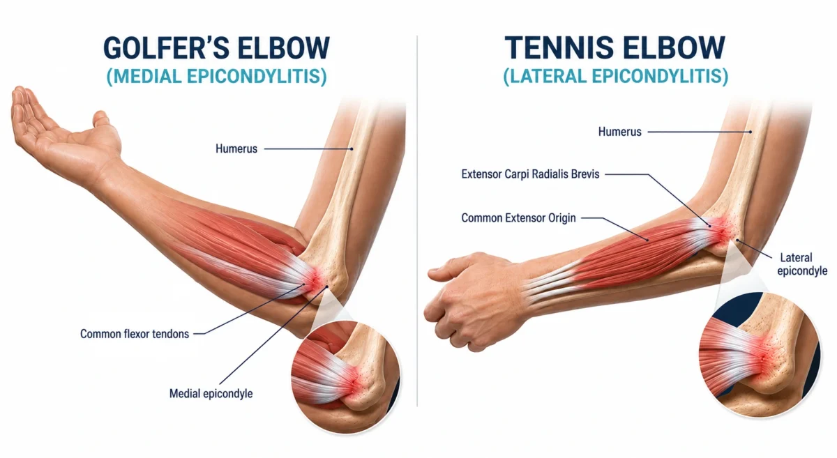 Golfer's elbow vs tennis elbow showing medial and lateral elbow anatomy and affected tendons