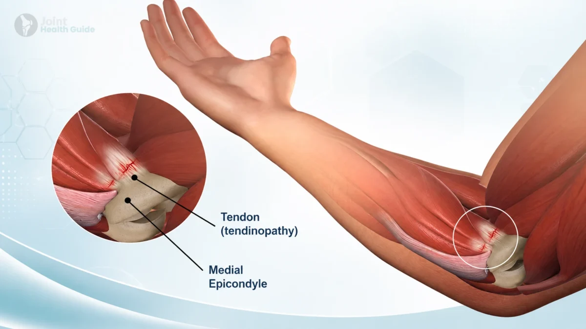 Illustration of medial epicondylitis (golfer's elbow) showing tendinopathy of the common flexor tendon at the medial epicondyle with detailed elbow anatomy.