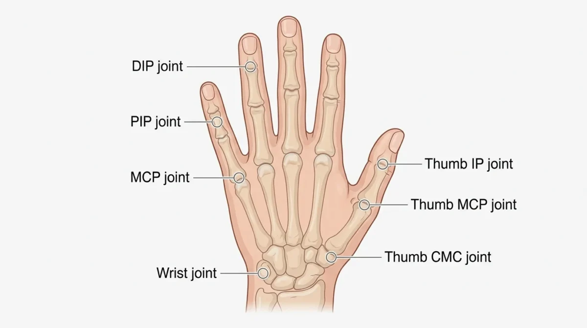 Medical illustration showing the locations of the DIP, PIP, and MCP finger joints, thumb IP, MCP and CMC joints, and wrist joint.