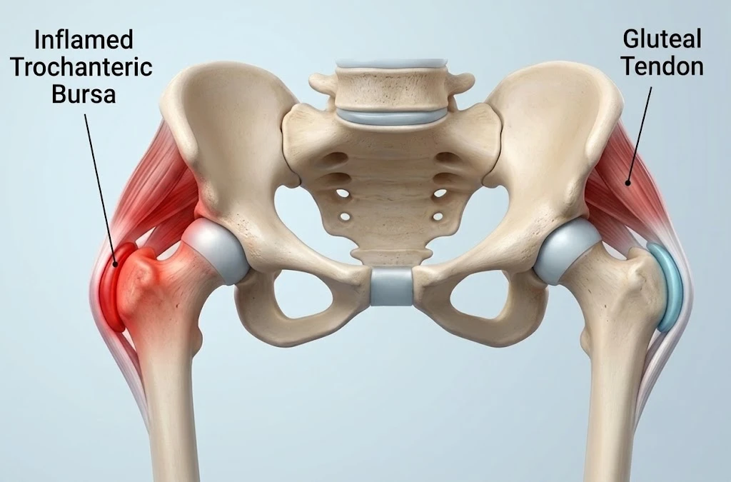 Anatomical illustration of the hip highlighting the trochanteric bursa over the greater trochanter, the most common site of hip bursitis (trochanteric bursitis).