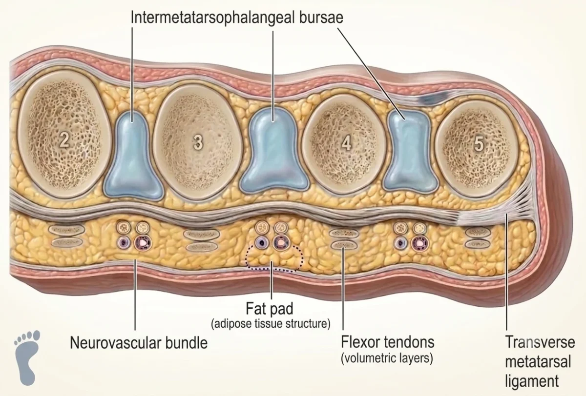 Transverse schematic illustration of intermetatarsal bursitis showing bursae between the metatarsal heads.