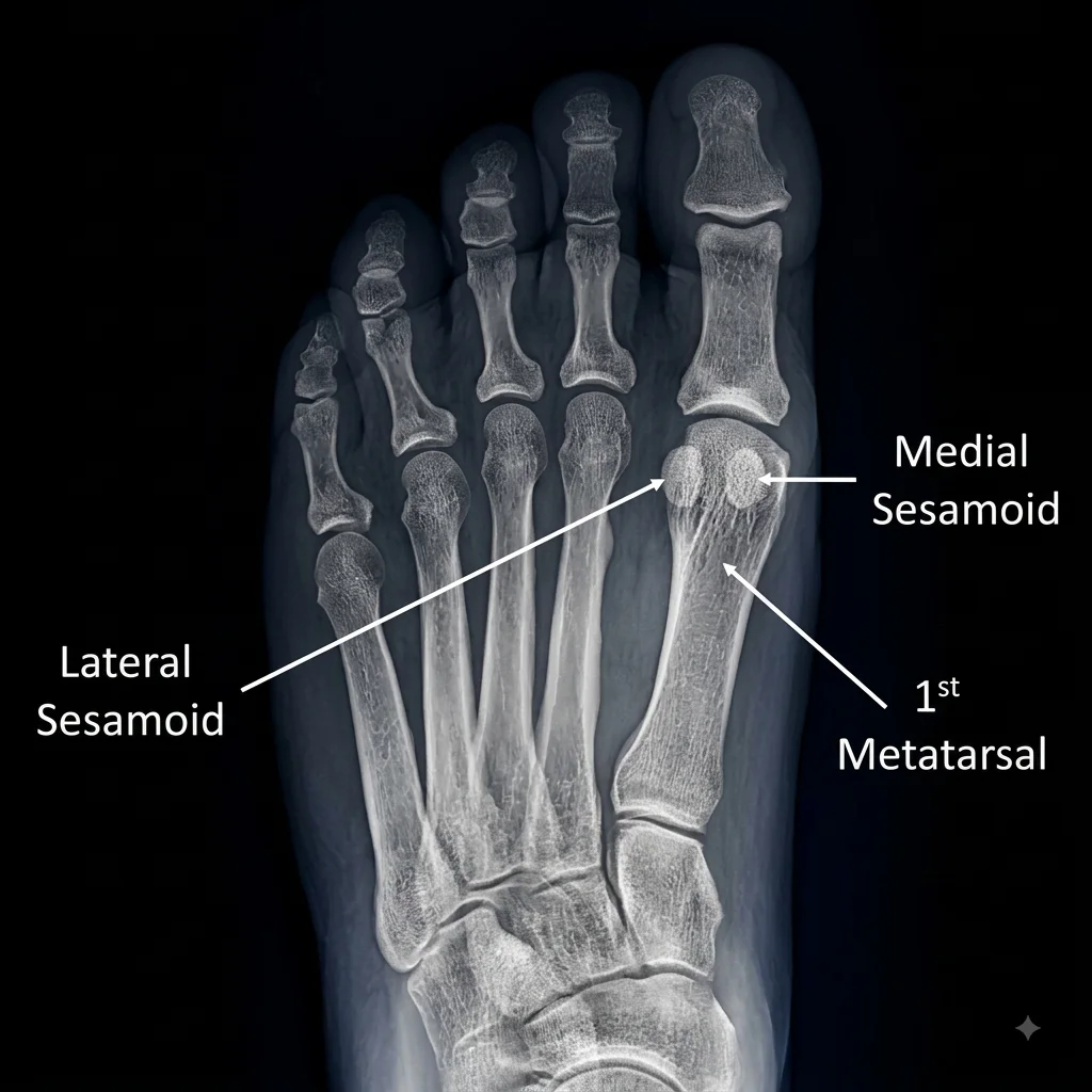 X-ray of the big toe showing the medial and lateral sesamoid bones beneath the first metatarsal head