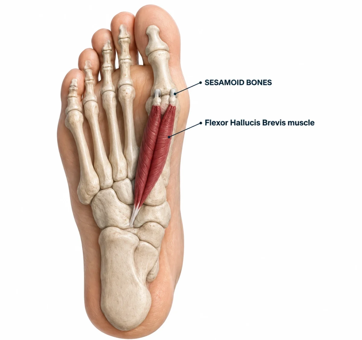 3D anatomical illustration of the plantar foot showing the sesamoid bones and flexor hallucis brevis muscle beneath the big toe.