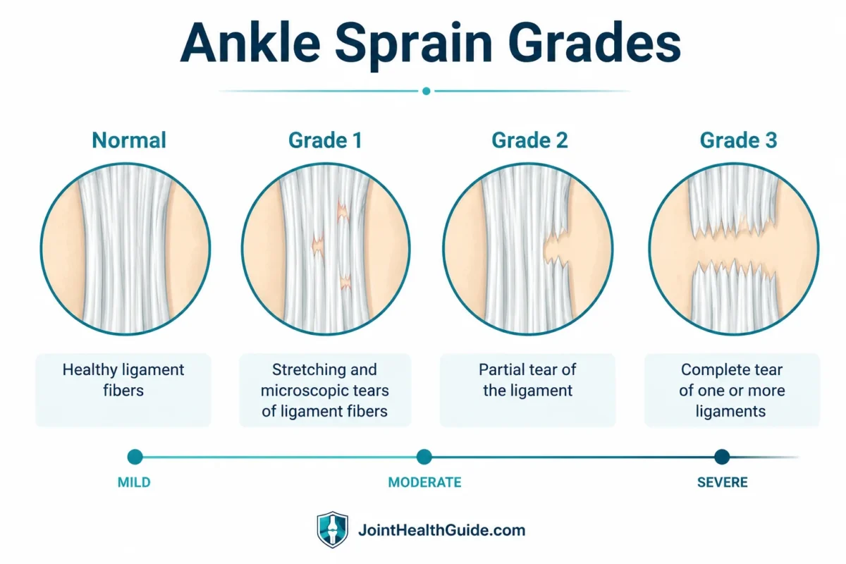 Grade 1, 2, and 3 ankle sprains showing increasing ligament damage and severity