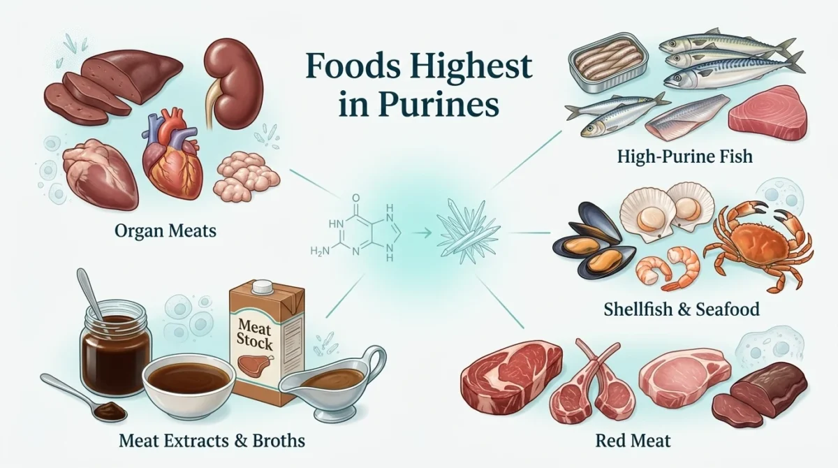 Foods highest in purines including organ meats, sardines, anchovies, seafood, red meat, and concentrated meat broths.