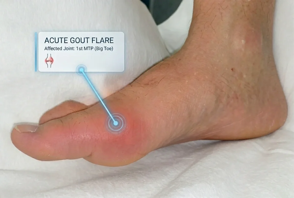 Acute gout attack causing redness, swelling, and severe inflammation of the big toe