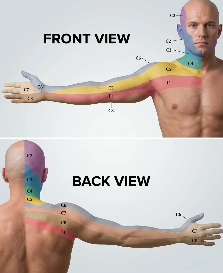 Photorealistic dermatome map showing C2–T1 cervical nerve root sensory distributions on a male model, labeled Front View and Back View.