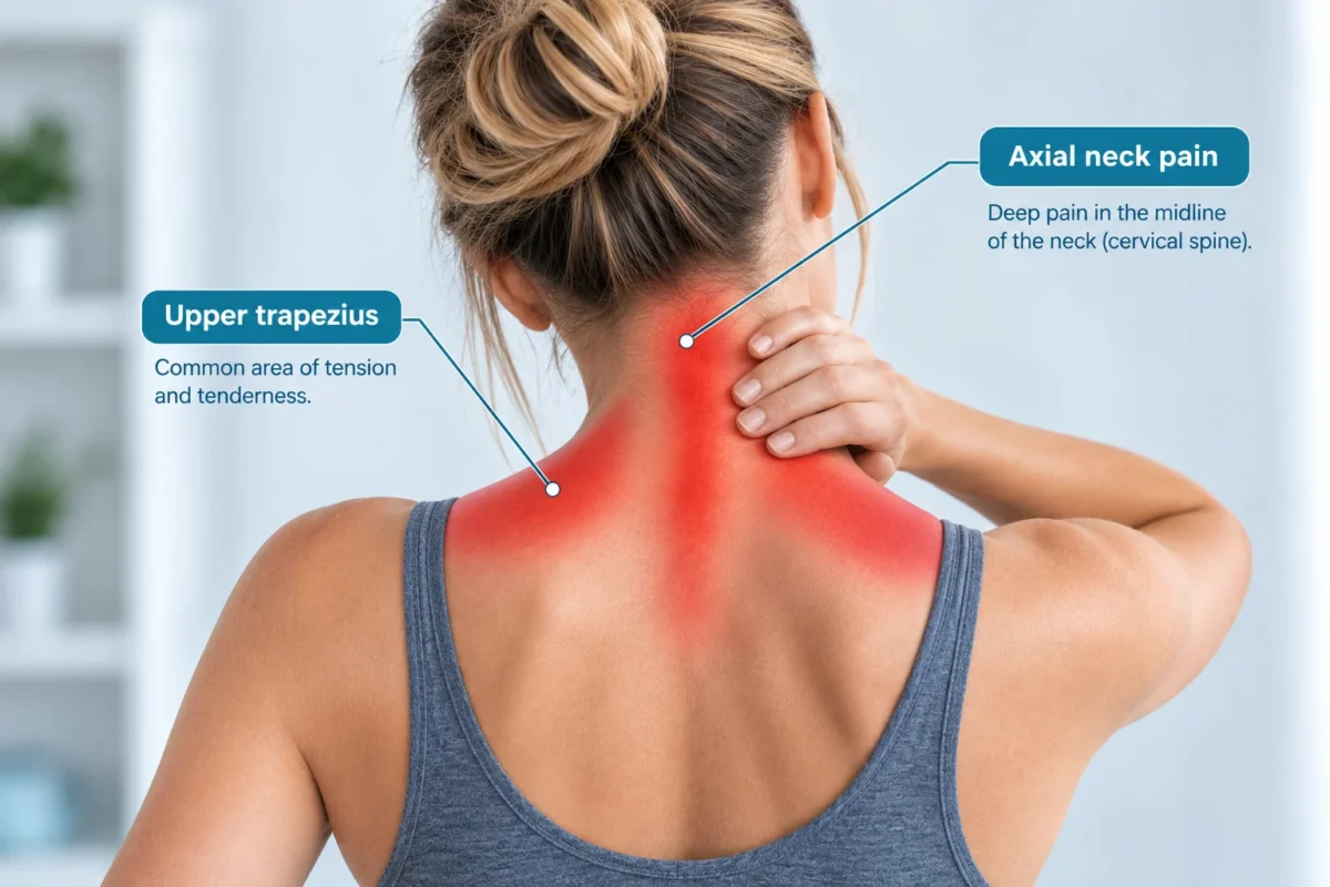 Woman experiencing neck pain, with highlighted areas showing typical locations of cervical pain
