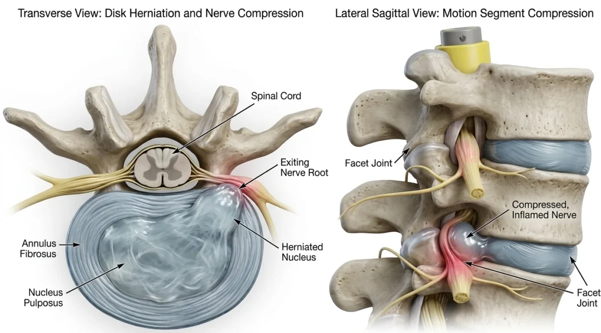 Cervical disc herniation compressing a spinal nerve root, causing cervical radiculopathy and radicular arm pain