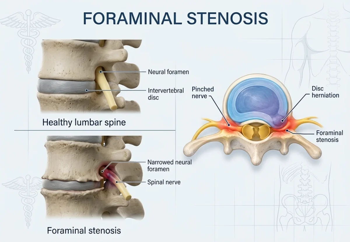 Anatomical illustration of foraminal stenosis showing narrowing of the neural foramen and compression of a spinal nerve root between adjacent vertebrae.
