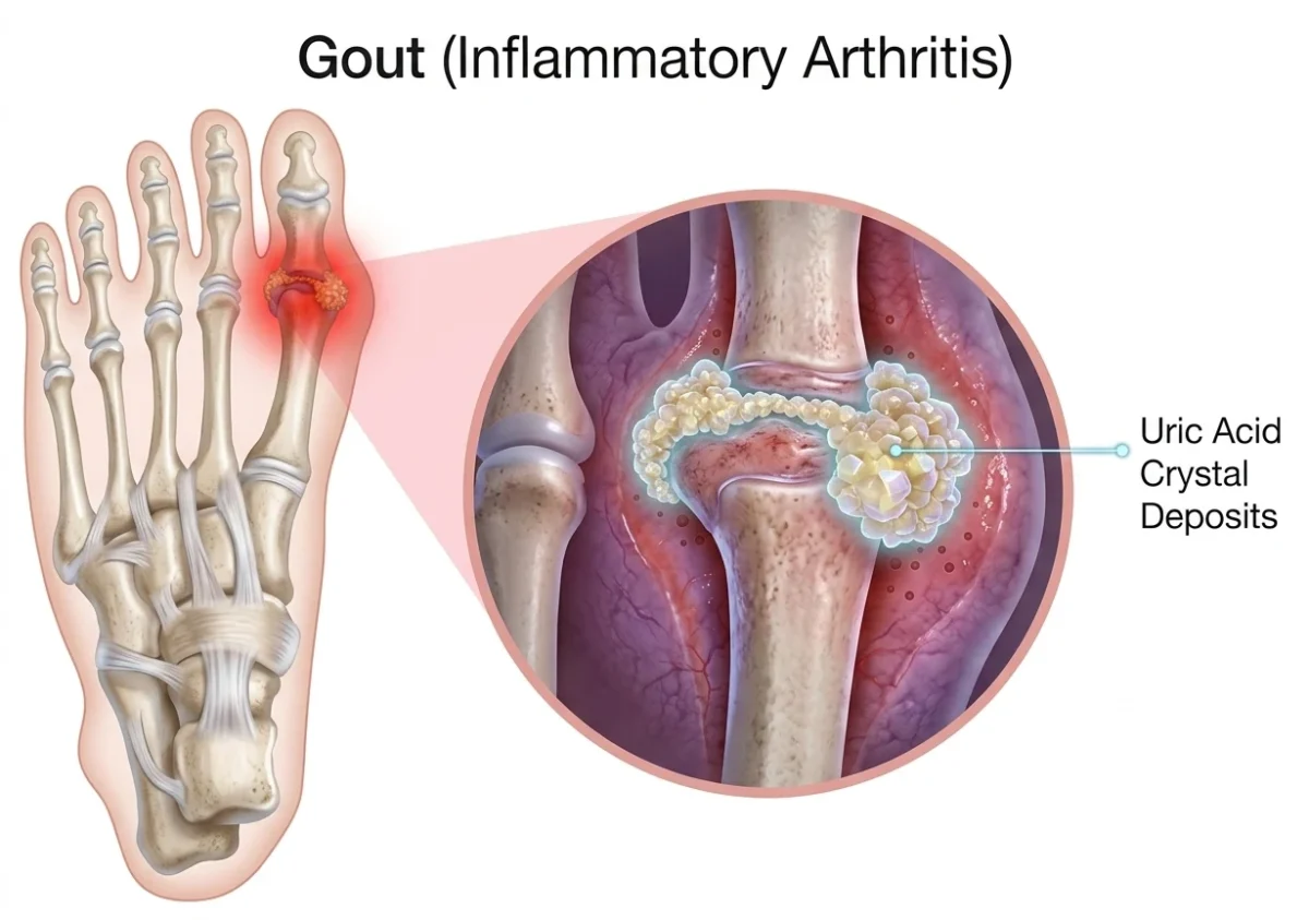 Medical 3D illustration of a foot showing gout in the first MTP joint, with a zoomed-in view of monosodium urate crystal deposits and inflammation.