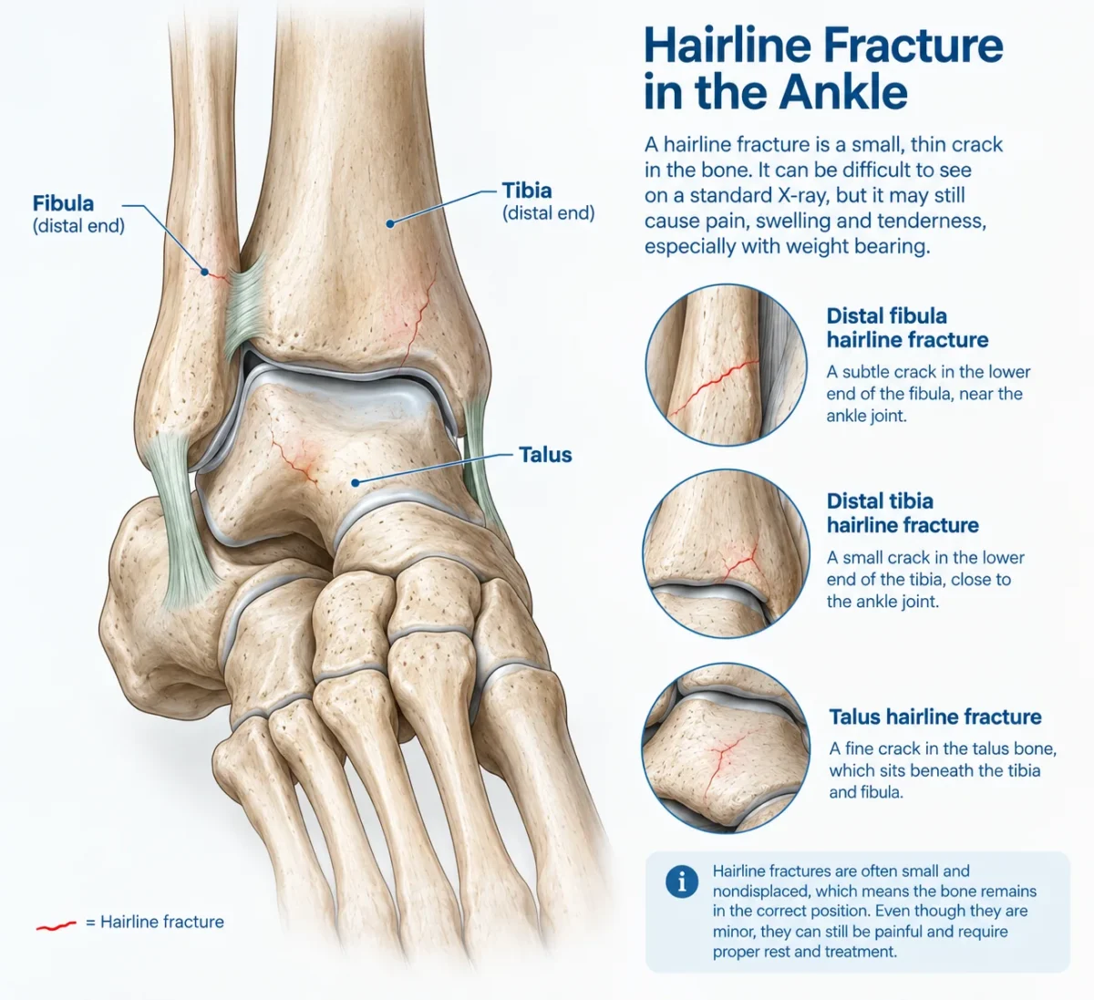 Medical illustration of a hairline fracture in the ankle showing subtle cracks in the distal fibula, distal tibia, and talus.