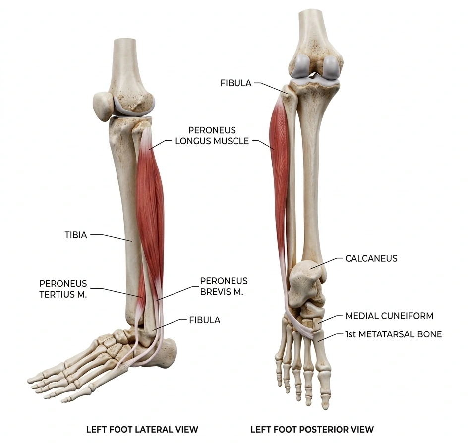 Peroneus longus and peroneus brevis muscles and tendons of the lower leg and ankle