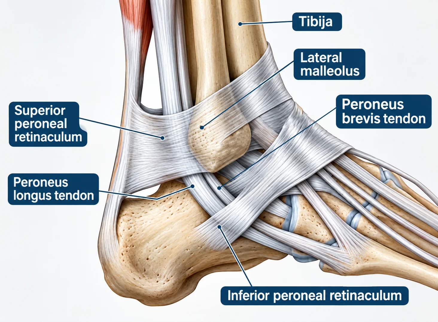 Peroneal tendons passing behind the lateral malleolus beneath the peroneal retinacula