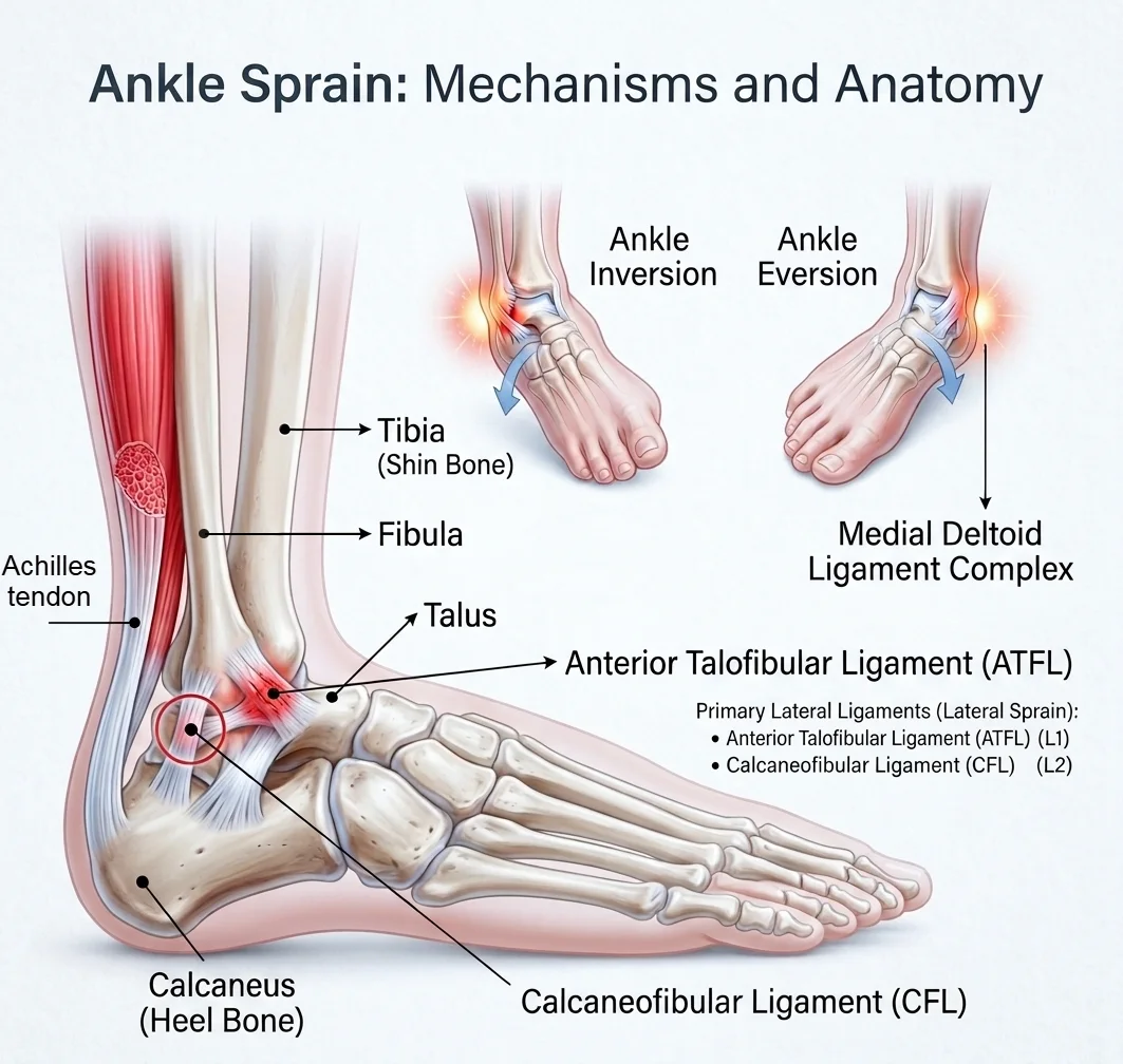 Ankle anatomy showing the ATFL, CFL, and deltoid ligament, with inversion and eversion mechanisms of ankle sprain.