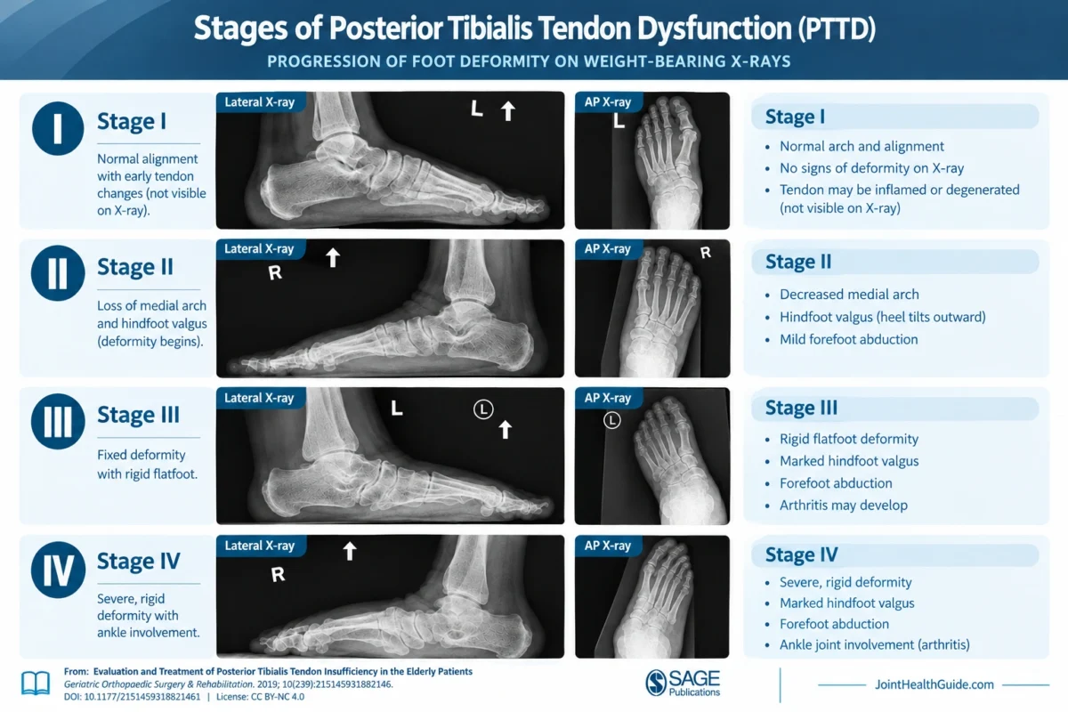 X-ray images illustrating the radiographic stages of posterior tibial tendon dysfunction (PTTD), from normal alignment and arch collapse to advanced deformity with arthritis and ankle valgus.